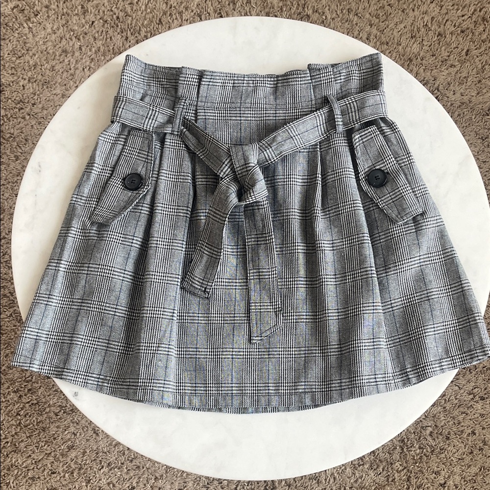 Lush A-Line Skirt Medium Black White Blue Plaid Tie Belt Pockets Buttons